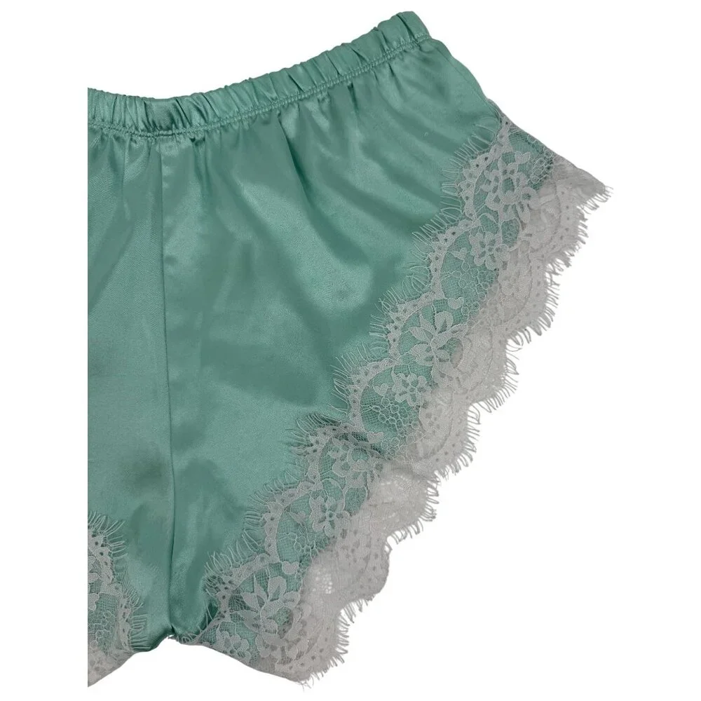 Y2K Croquette Mint French Cut Satin Lace Lounge Shorts Booty PJs Vintage - Picture 6 of 14